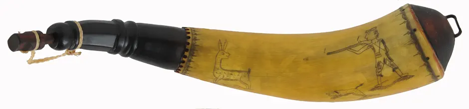 Powder Horn,
13", scrimshaw verse, 
hunter & deer, iron staple