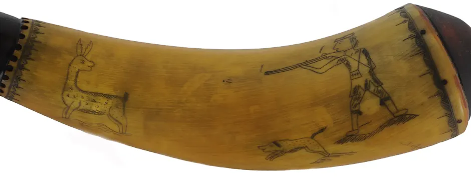 Powder Horn,
13", scrimshaw verse, 
hunter & deer, iron staple