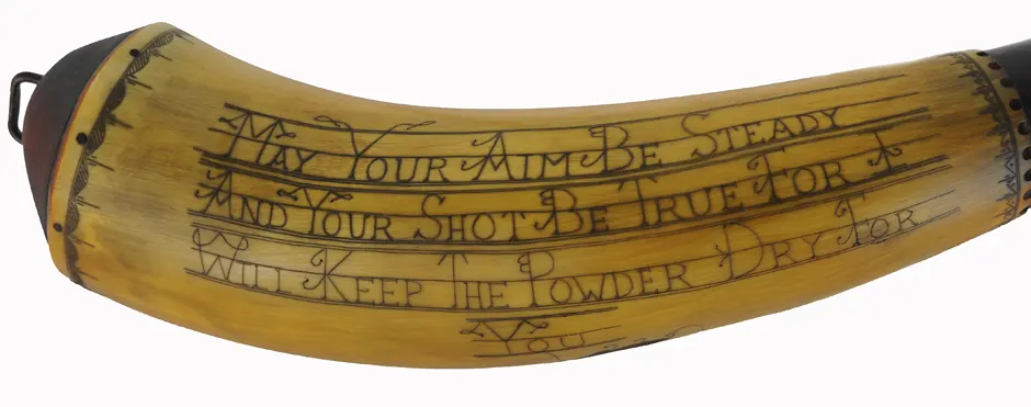 Powder Horn,
13", scrimshaw verse, 
hunter & deer, iron staple