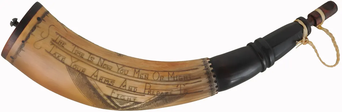 Powder Horn,
12-1/4", 1775 date,
scrimshaw patriotic verse,
iron screw
