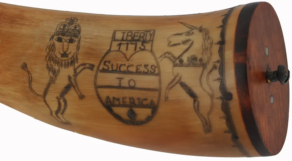 Powder Horn,
12-1/4", 1775 date,
scrimshaw patriotic verse,
iron screw