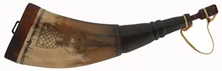 Flat Powder Horn,
9-1/2", scrimshaw Indian head & mandala,
maple base with staple