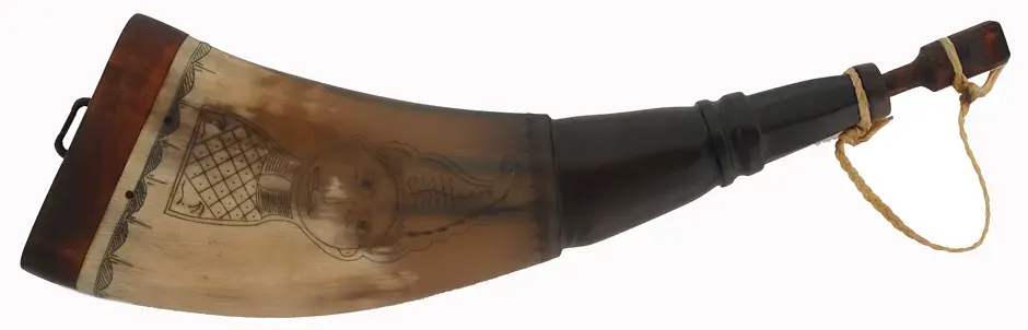 Flat Powder Horn,
9-1/2", scrimshaw Indian head & mandala,
maple base with staple