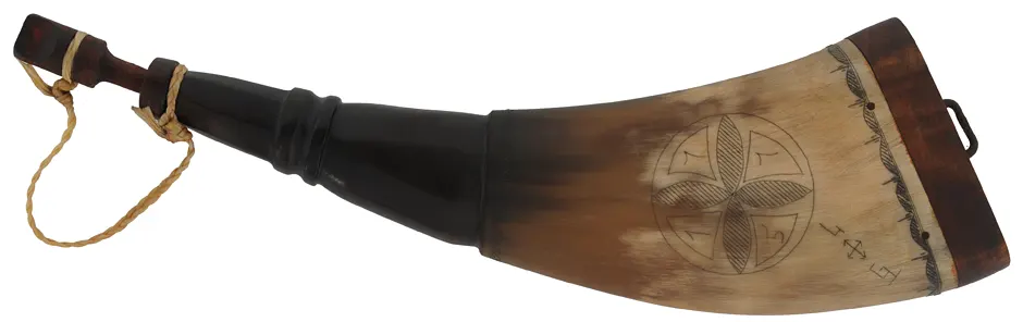 Flat Powder Horn,
9-1/2", scrimshaw Indian head & mandala,
maple base with staple