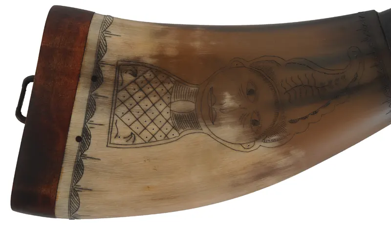 Flat Powder Horn,
9-1/2", scrimshaw Indian head & mandala,
maple base with staple