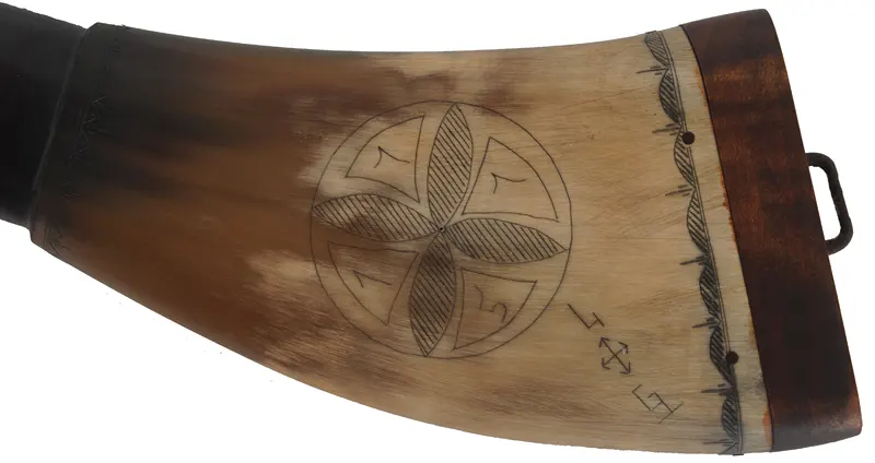 Flat Powder Horn,
9-1/2", scrimshaw Indian head & mandala,
maple base with staple