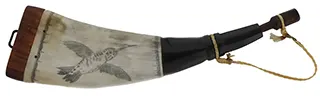 Flat Powder Horn,
9-1/2", scrimshaw hummingbird, 
maple base with staple