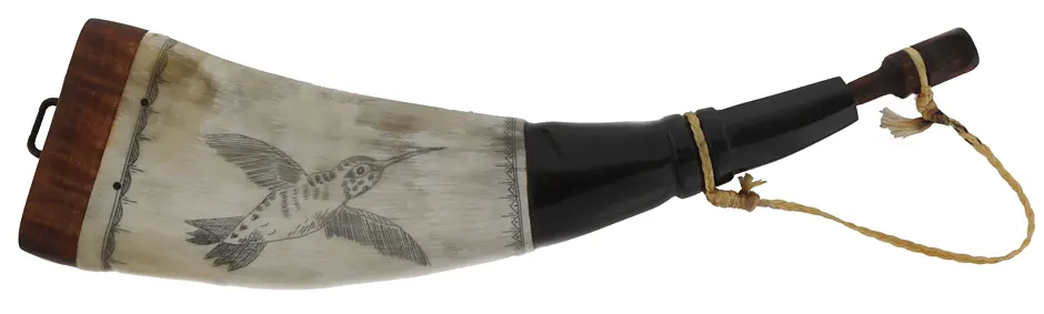 Flat Powder Horn,
9-1/2", scrimshaw hummingbird, 
maple base with staple