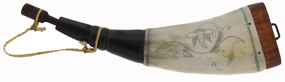 Flat Powder Horn,
9-1/2", scrimshaw hummingbird, 
maple base with staple