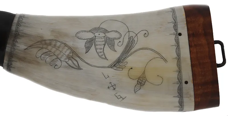 Flat Powder Horn,
9-1/2", scrimshaw hummingbird, 
maple base with staple