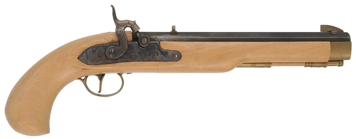 Kentucky Pistol,
.45 caliber, 9-3/4" octagon barrel,
Maslin percussion lock, beech, brass trim, 
used, from a kit by CVA - Connecticut Valley Arms