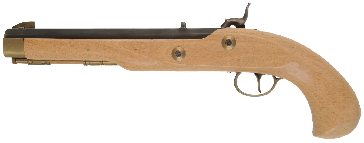 Kentucky Pistol,
.45 caliber, 9-3/4" octagon barrel,
Maslin percussion lock, beech, brass trim, 
used, from a kit by CVA - Connecticut Valley Arms