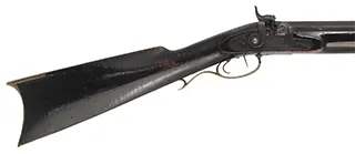 Antique Halfstock Rifle,
.41 caliber with coned muzzle, 34-1/2" barrel,
percussion, maple, brass, pewter forend cap,
step adjustable rear sight