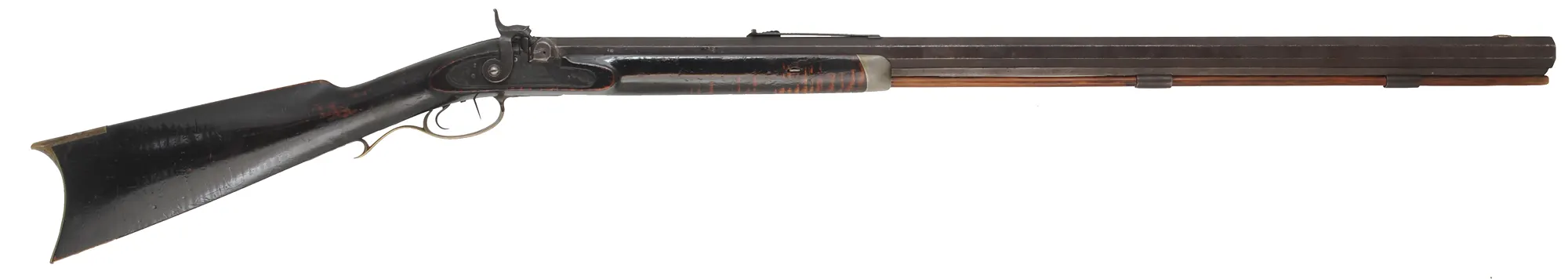 Antique Halfstock Rifle,
.41 caliber with coned muzzle, 34-1/2" barrel,
percussion, maple, brass, pewter forend cap,
step adjustable rear sight