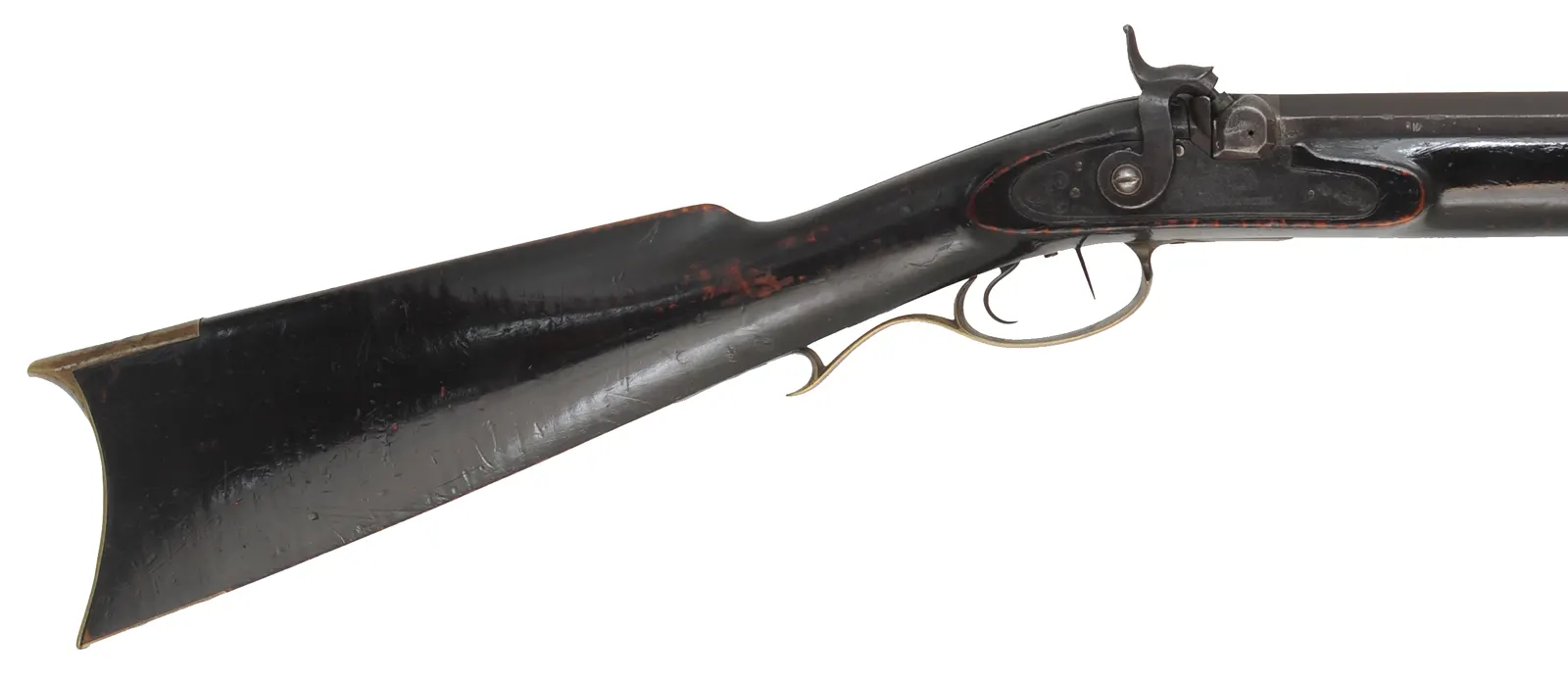 Antique Halfstock Rifle,
.41 caliber with coned muzzle, 34-1/2" barrel,
percussion, maple, brass, pewter forend cap,
step adjustable rear sight