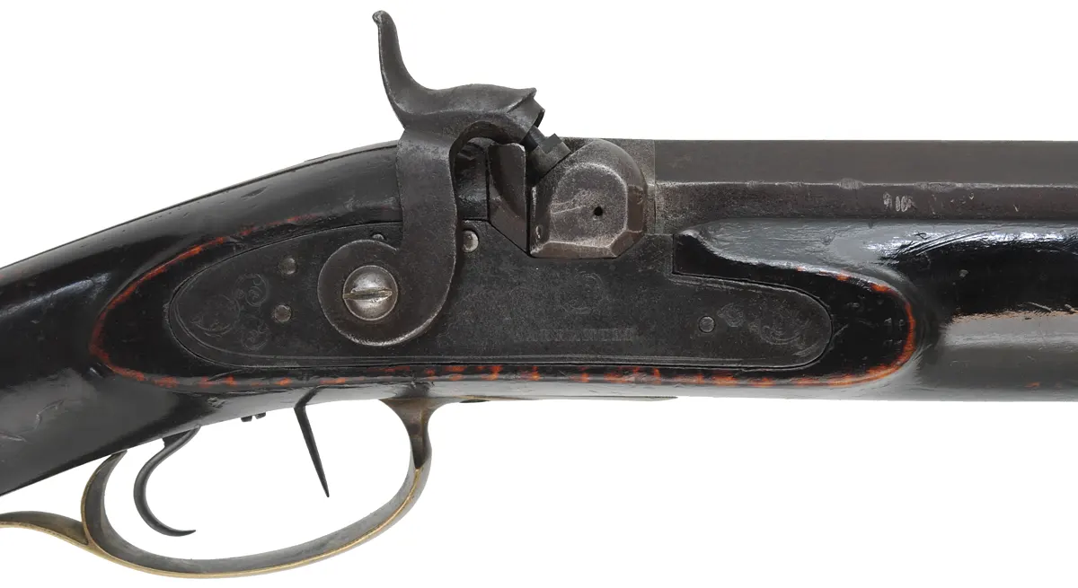 Antique Halfstock Rifle,
.41 caliber with coned muzzle, 34-1/2" barrel,
percussion, maple, brass, pewter forend cap,
step adjustable rear sight