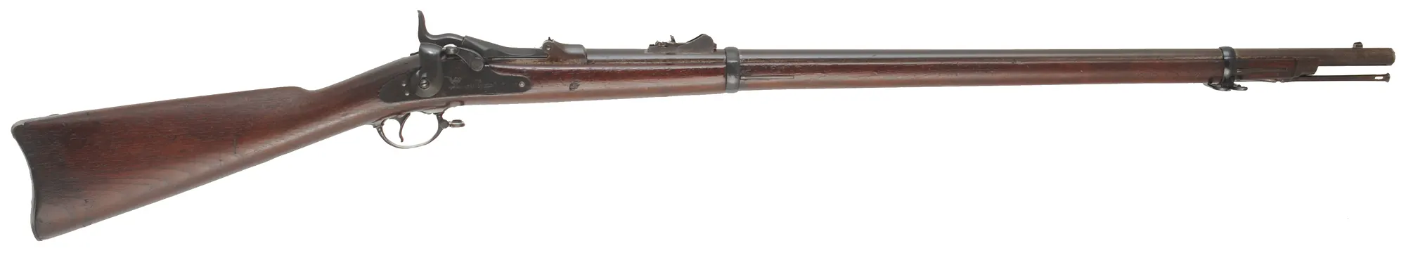 U.S. Model 1873 Springfield Infantry Rifle
caliber .45-70 Gov't, 32" barrel,
cracked walnut stock, aged patina, bright bore U.S. Model 1873 Springfield Infantry Rifle
caliber .45-70 Gov't, 32" barrel,
cracked walnut stock, aged patina, bright bore
