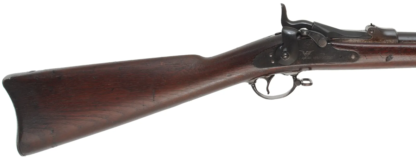 U.S. Model 1873 Springfield Infantry Rifle
caliber .45-70 Gov't, 32" barrel,
cracked walnut stock, aged patina, bright bore U.S. Model 1873 Springfield Infantry Rifle
caliber .45-70 Gov't, 32" barrel,
cracked walnut stock, aged patina, bright bore