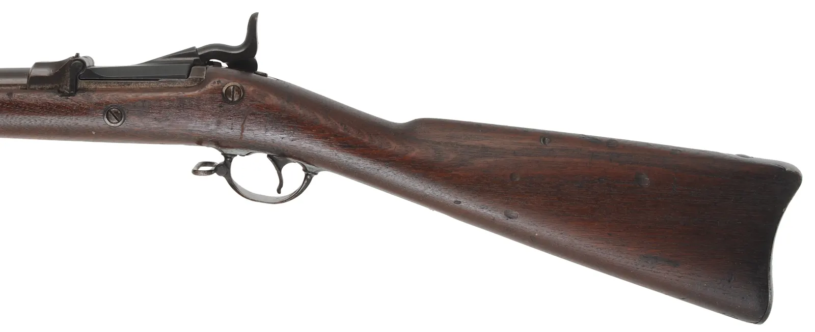 U.S. Model 1873 Springfield Infantry Rifle
caliber .45-70 Gov't, 32" barrel,
cracked walnut stock, aged patina, bright bore U.S. Model 1873 Springfield Infantry Rifle
caliber .45-70 Gov't, 32" barrel,
cracked walnut stock, aged patina, bright bore