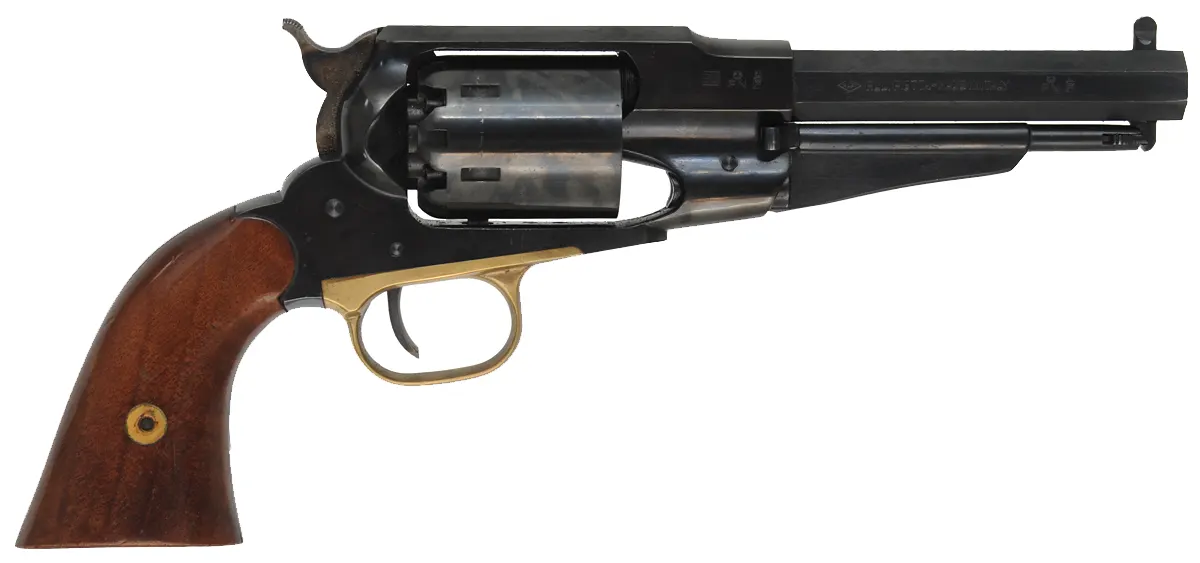 1858 Remington Revolver, 
.44 caliber, 5-1/2" barrel,
percussion, blued, walnut, 
includes holster, pouch, and belt, 
used, by Pietta 