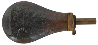 Used Powder Flask,
Colt style embossed stand-of-flags,
for Army & Navy percussion revolvers,
used, some patina, accepts 10-1mm threads.  