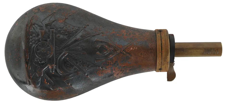 Used Powder Flask,
Colt style embossed stand-of-flags,
for Army & Navy percussion revolvers,
used, some patina, accepts 10-1mm threads.  