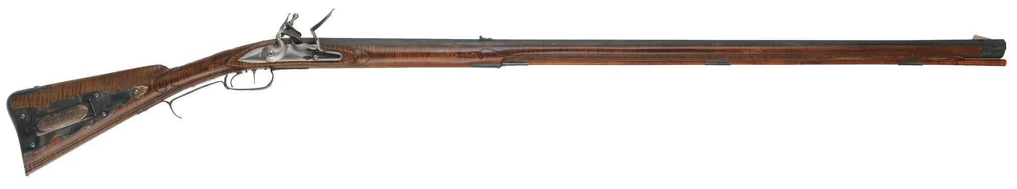 Virginia Longrifle
.54 caliber, 44" swamped barrel,
curly maple, hand forged iron trim with silver accents,
Chambers' lock, used, signed by David Kuyper