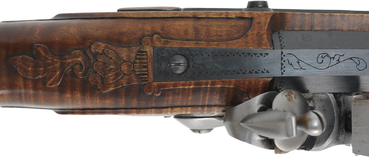 Virginia Longrifle
.54 caliber, 44" swamped barrel,
curly maple, hand forged iron trim with silver accents,
Chambers' lock, used, signed by David Kuyper