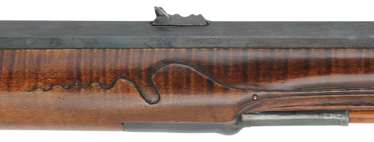 Virginia Longrifle
.54 caliber, 44" swamped barrel,
curly maple, hand forged iron trim with silver accents,
Chambers' lock, used, signed by David Kuyper