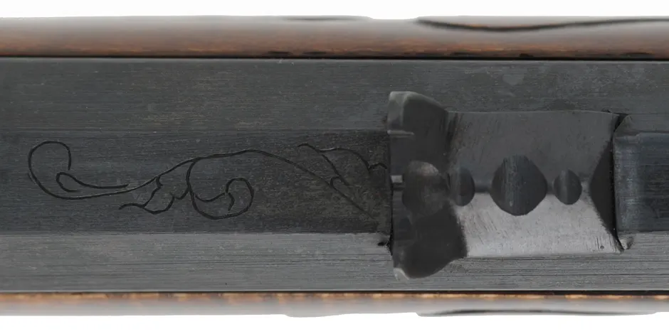 Virginia Longrifle
.54 caliber, 44" swamped barrel,
curly maple, hand forged iron trim with silver accents,
Chambers' lock, used, signed by David Kuyper