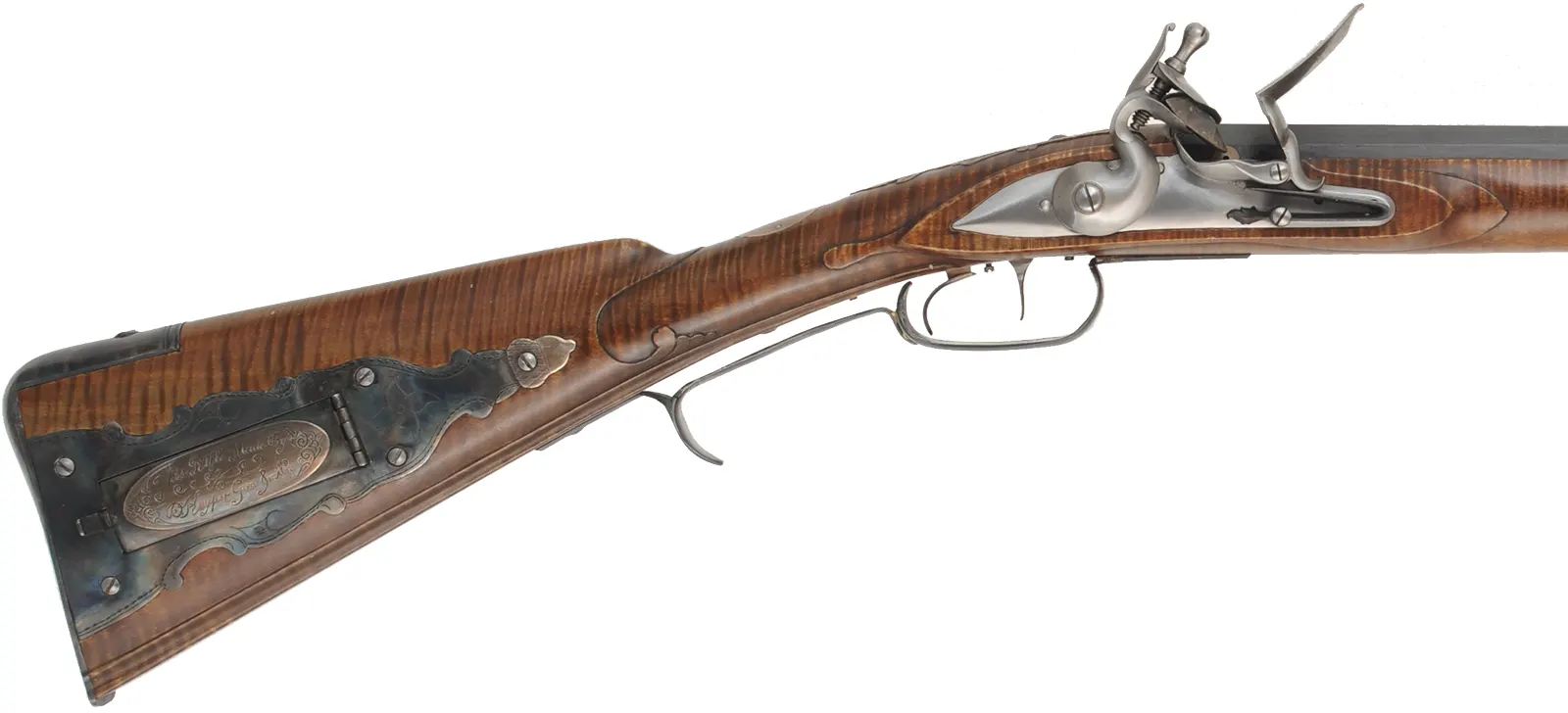 Virginia Longrifle
.54 caliber, 44" swamped barrel,
curly maple, hand forged iron trim with silver accents,
Chambers' lock, used, signed by David Kuyper