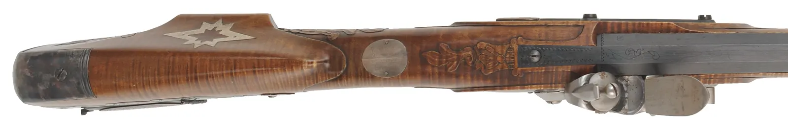 Virginia Longrifle
.54 caliber, 44" swamped barrel,
curly maple, hand forged iron trim with silver accents,
Chambers' lock, used, signed by David Kuyper