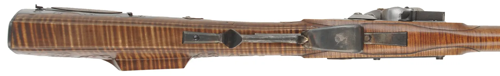 Virginia Longrifle
.54 caliber, 44" swamped barrel,
curly maple, hand forged iron trim with silver accents,
Chambers' lock, used, signed by David Kuyper