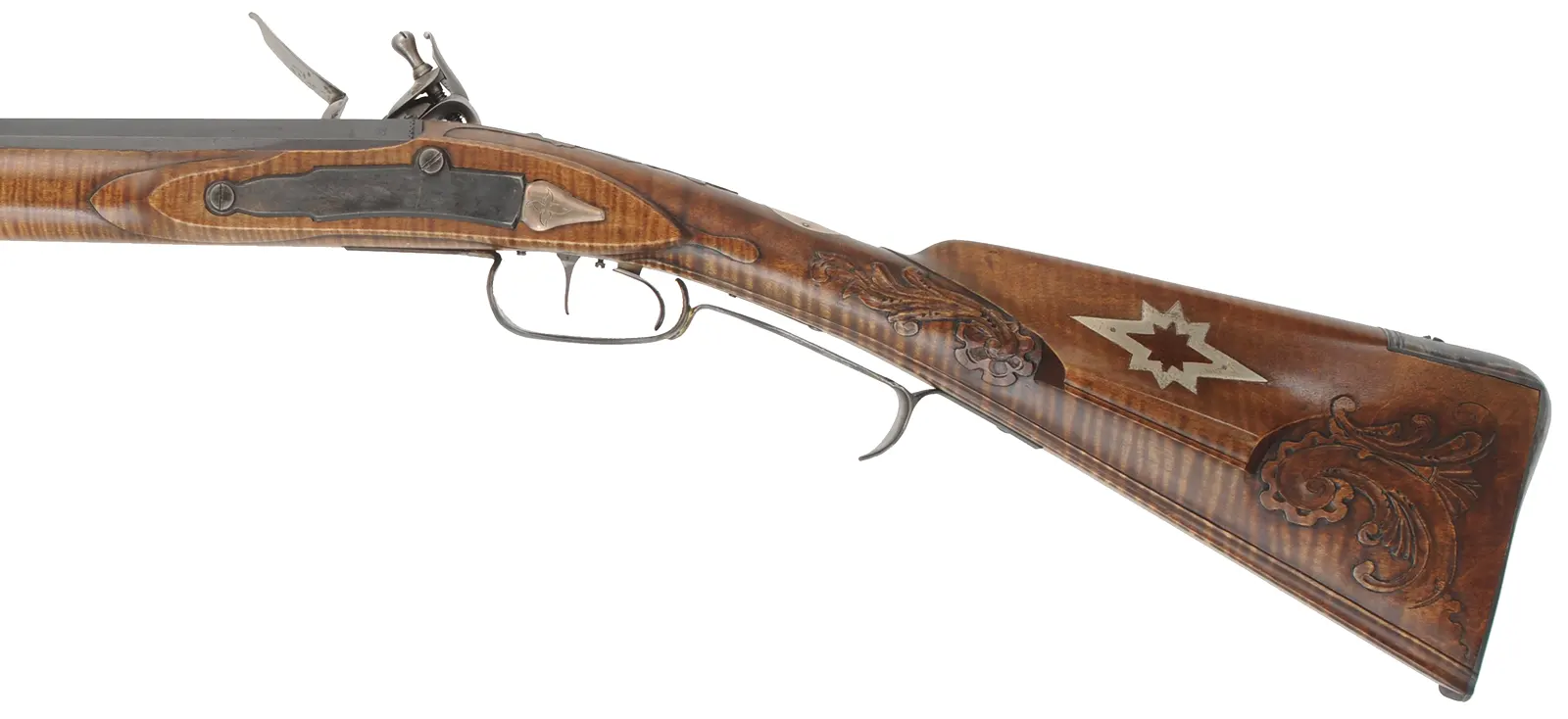 Virginia Longrifle
.54 caliber, 44" swamped barrel,
curly maple, hand forged iron trim with silver accents,
Chambers' lock, used, signed by David Kuyper
