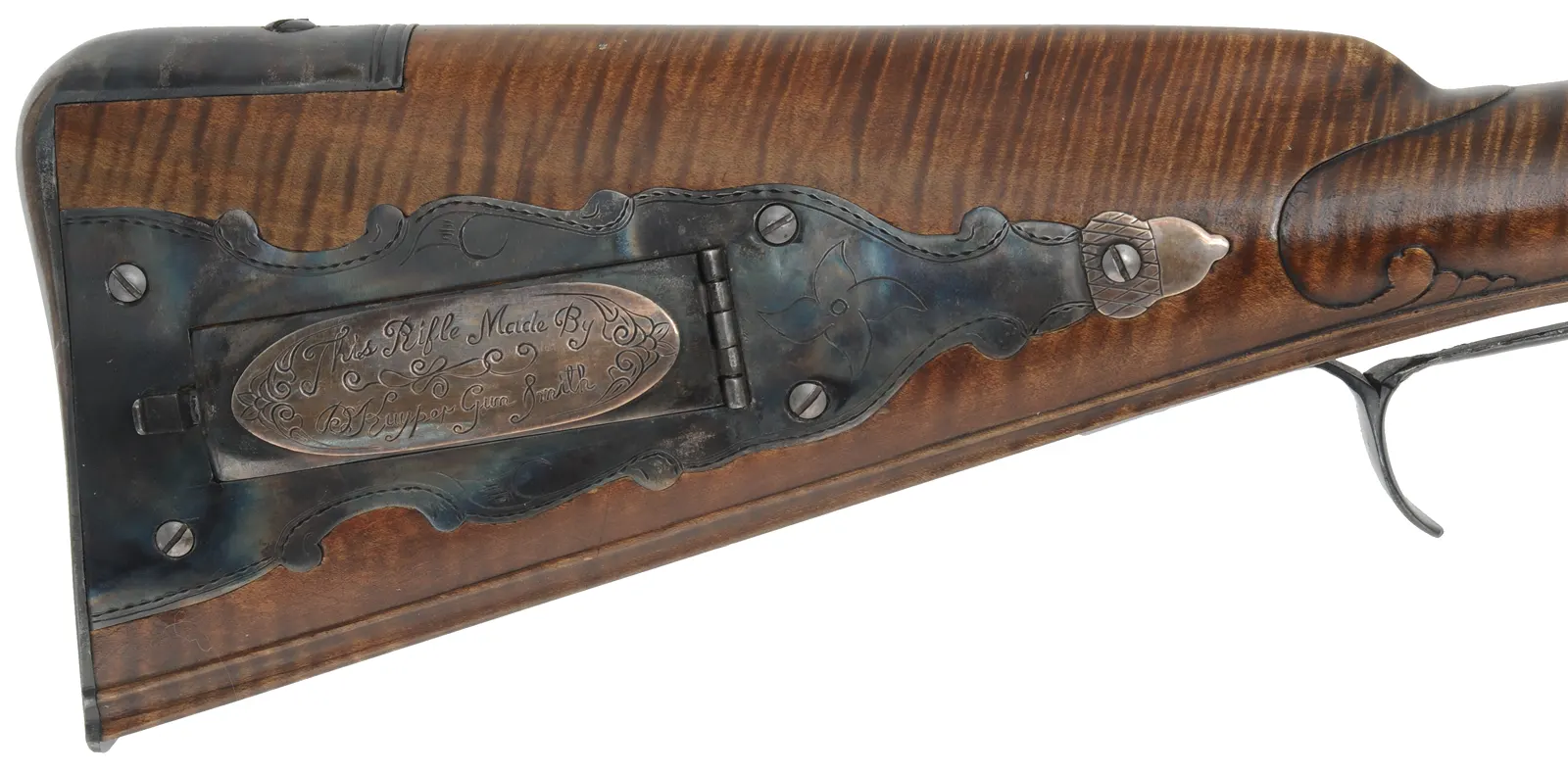 Virginia Longrifle
.54 caliber, 44" swamped barrel,
curly maple, hand forged iron trim with silver accents,
Chambers' lock, used, signed by David Kuyper
