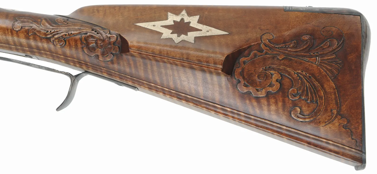 Virginia Longrifle
.54 caliber, 44" swamped barrel,
curly maple, hand forged iron trim with silver accents,
Chambers' lock, used, signed by David Kuyper