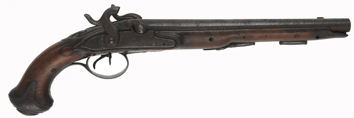 Antique Double Barrel Pistol,
28 gauge,  10-1/2" barrels, 
percussion conversion locks, walnut, steel trim,
for display or restoration