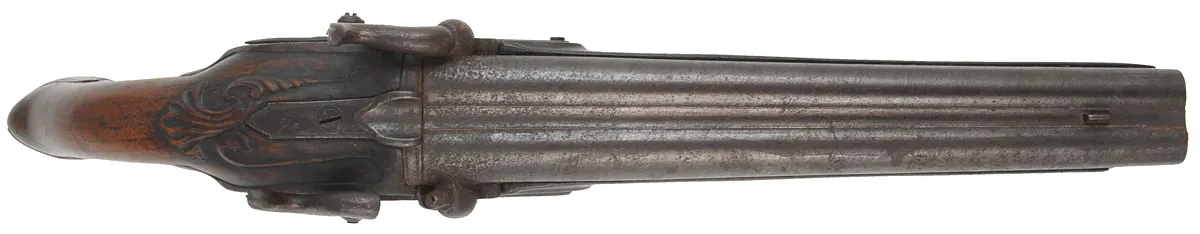 Antique Double Barrel Pistol,
28 gauge,  10-1/2" barrels, 
percussion conversion locks, walnut, steel trim,
for display or restoration