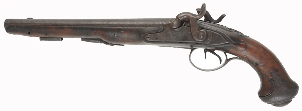 Antique Double Barrel Pistol,
28 gauge,  10-1/2" barrels, 
percussion conversion locks, walnut, steel trim,
for display or restoration