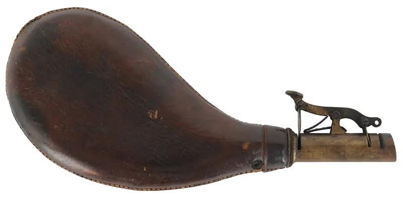 Antique English Shot Flask, with Brass Spout, 
8-1/4" long, 3" wide 