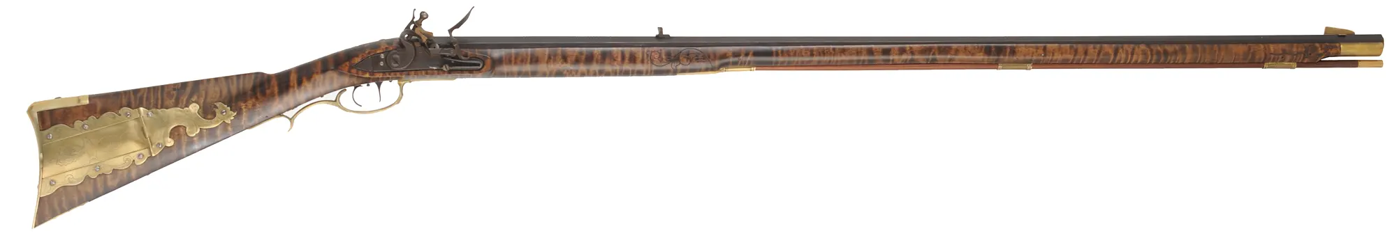 Golden Age Longrifle,
.45 caliber,  42" Colerain swamped barrel, 
curly maple, engraved brass patchbox, 
double set triggers, large Siler lock, unsigned, 

