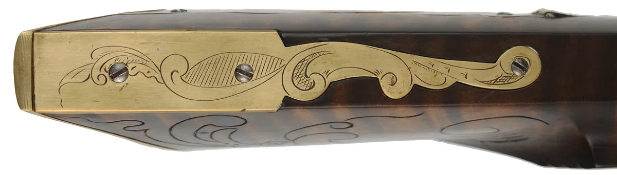 Golden Age Longrifle,
.45 caliber,  42" Colerain swamped barrel, 
curly maple, engraved brass patchbox, 
double set triggers, large Siler lock, unsigned, 
