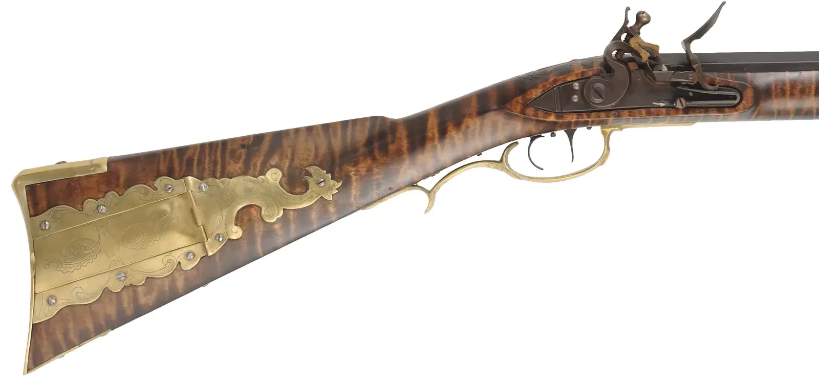 Golden Age Longrifle,
.45 caliber,  42" Colerain swamped barrel, 
curly maple, engraved brass patchbox, 
double set triggers, large Siler lock, unsigned, 
