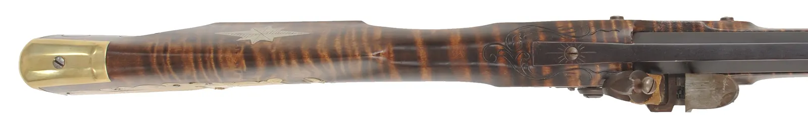 Golden Age Longrifle,
.45 caliber,  42" Colerain swamped barrel, 
curly maple, engraved brass patchbox, 
double set triggers, large Siler lock, unsigned, 
