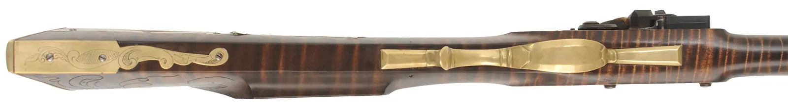Golden Age Longrifle,
.45 caliber,  42" Colerain swamped barrel, 
curly maple, engraved brass patchbox, 
double set triggers, large Siler lock, unsigned, 

