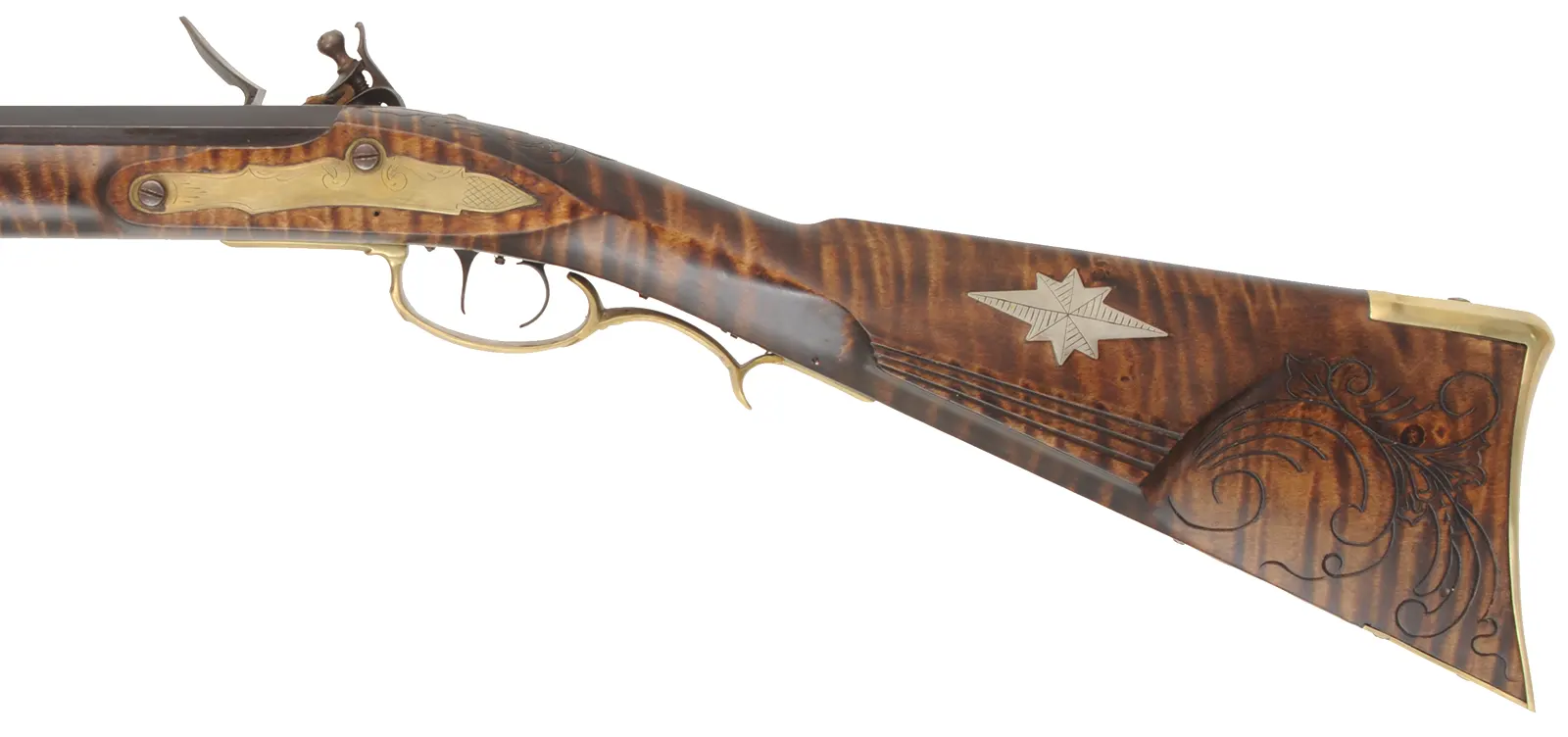 Golden Age Longrifle,
.45 caliber,  42" Colerain swamped barrel, 
curly maple, engraved brass patchbox, 
double set triggers, large Siler lock, unsigned, 
