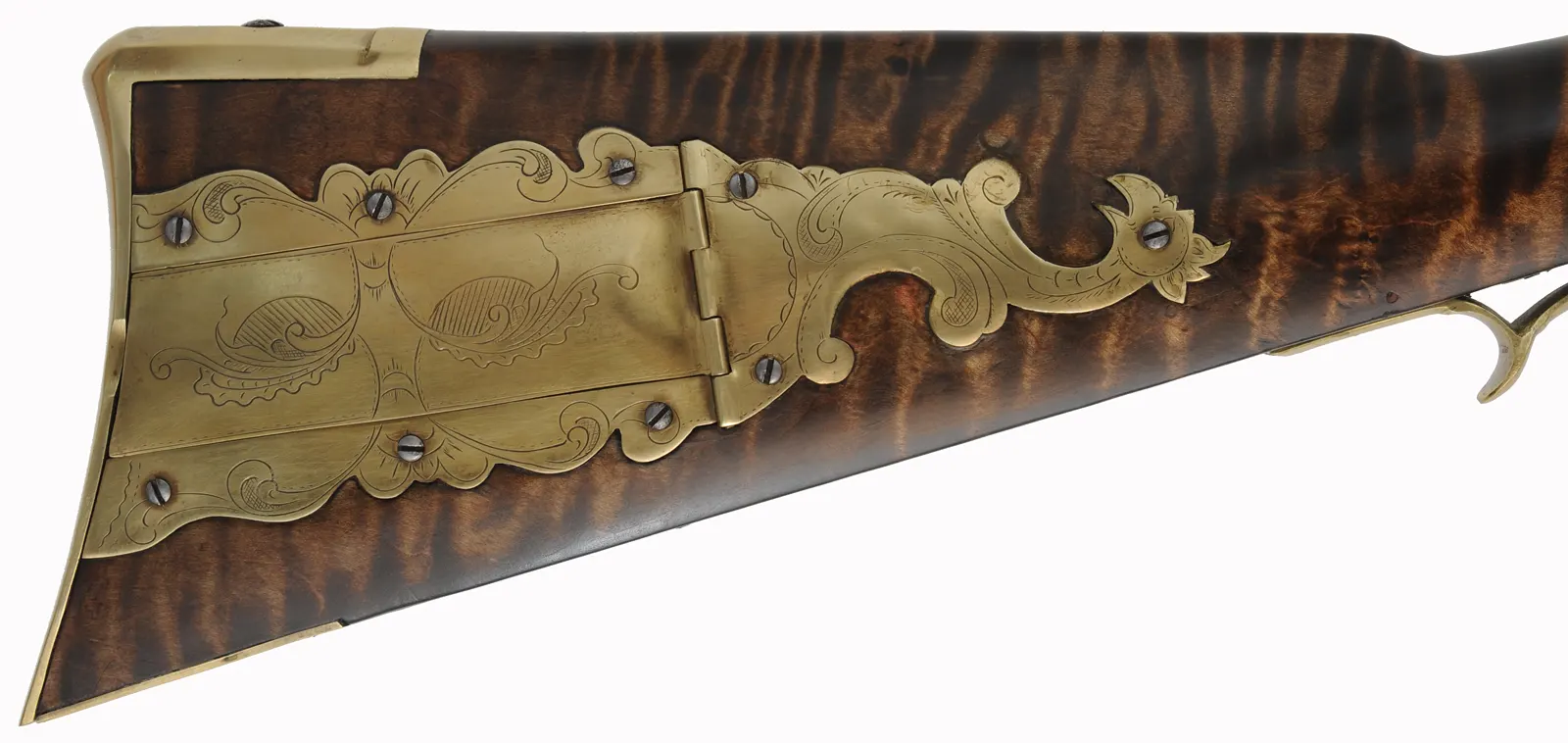 Golden Age Longrifle,
.45 caliber,  42" Colerain swamped barrel, 
curly maple, engraved brass patchbox, 
double set triggers, large Siler lock, unsigned, 
