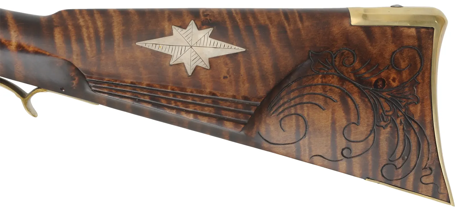 Golden Age Longrifle,
.45 caliber,  42" Colerain swamped barrel, 
curly maple, engraved brass patchbox, 
double set triggers, large Siler lock, unsigned, 
