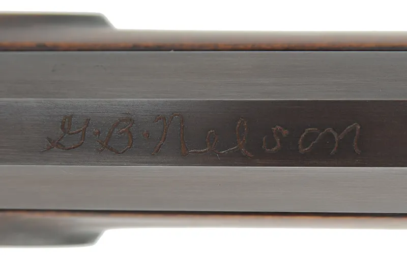 Southern Mountain Longrifle,
.50 caliber, 42" Colerain barrel,
L&R Durs Egg flintlock, maple, iron trim,
new, unfired, signed by George Nelson Southern Mountain Longrifle,
.50 caliber, 42" Colerain barrel,
L&R Durs Egg flintlock, maple, iron trim,
new, unfired, signed by George Nelson