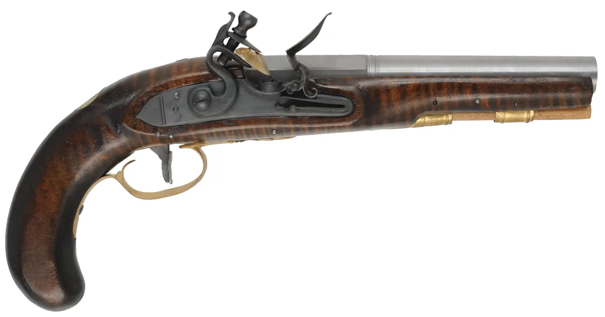 Belt Pistol, 
.54 caliber smoothbore, 8" octagon-to-round barrel,
L&R flintlock, maple, brass trim, new